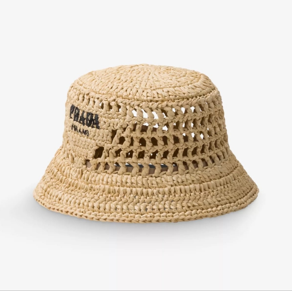 Prada Raffia Crotcheted Bucket Hat. NWT